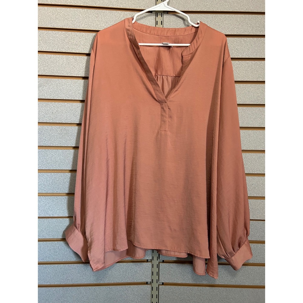 Ava & Viv Womens 3X Clay Pink Satin V-Neck Long Sleeve Relaxed Blouse Top Boho